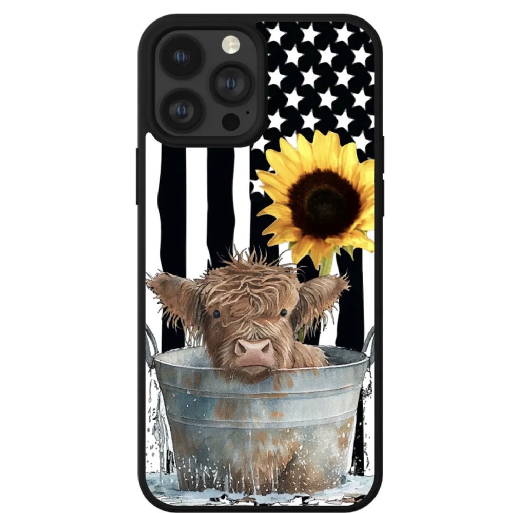 New Phone Case for iPhone 15 Pro Max Highland Cow Flag Sunflower